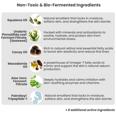 Mr WULF adaptive face moisturiser for men active ingredients list highlighting bio-fermented botanicals and postbiotics.