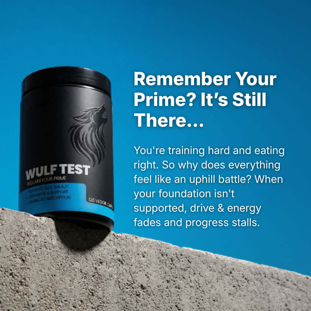 WULF Test Daily Support for Drive Strength & Resilience container on a concrete surface with motivational text.
