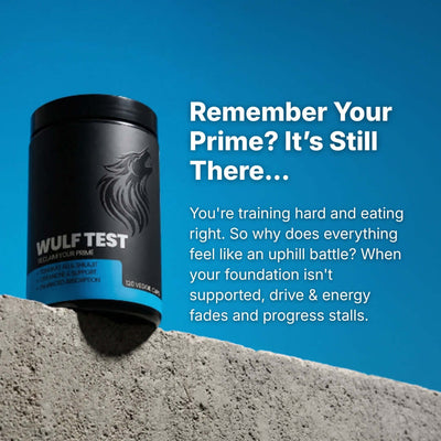 WULF Test Daily Support for Drive Strength & Resilience container on a concrete surface with motivational text.