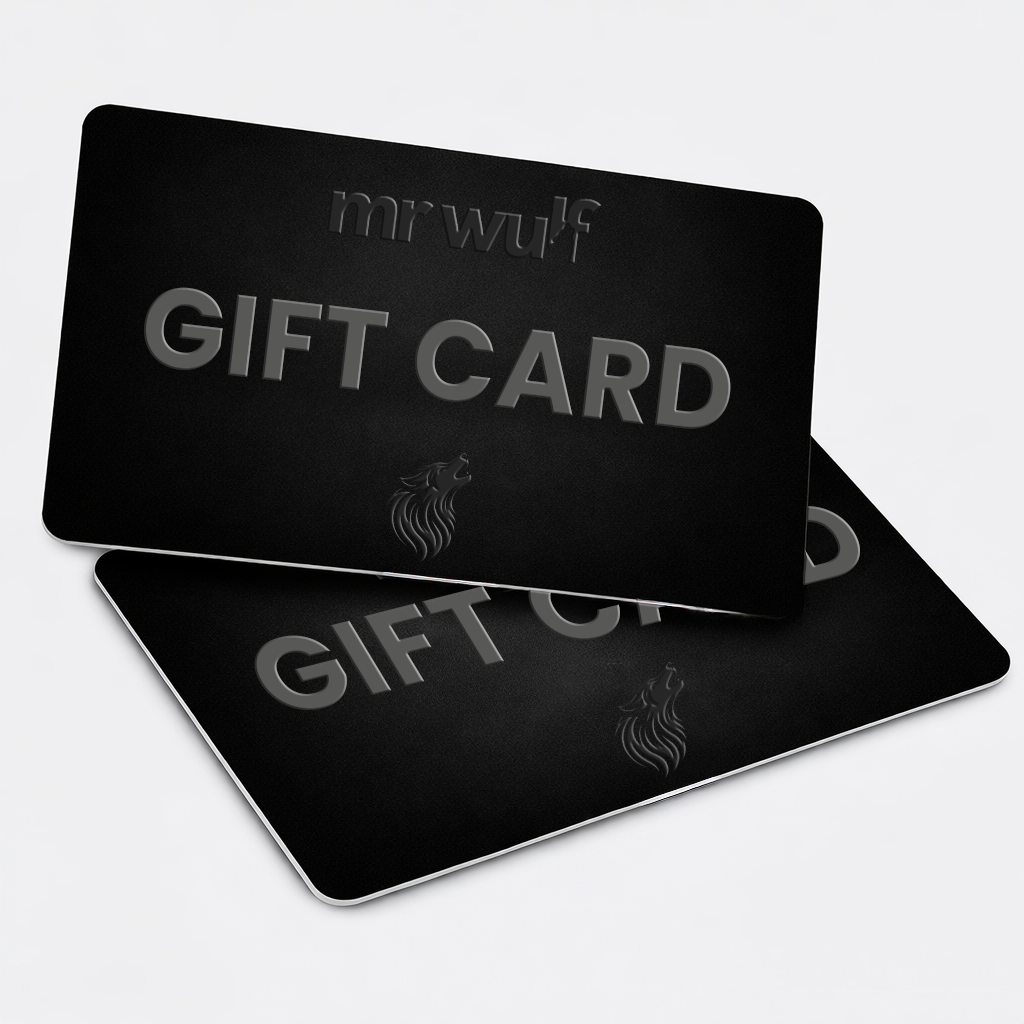 Mr Wulf Gift Card design featuring bold text on a sleek black background.