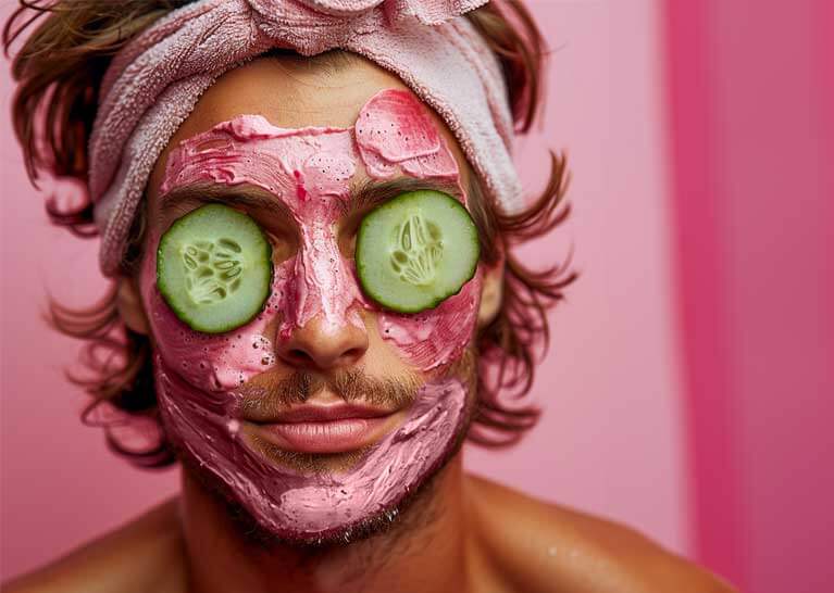 man with a pink headband, cucumbers on his eyes and a pink mud mask on