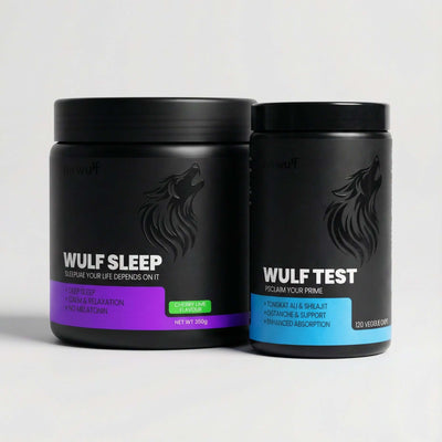 The Performance Stack for Men includes WULF Test and WULF Sleep supplement jars on a neutral background.