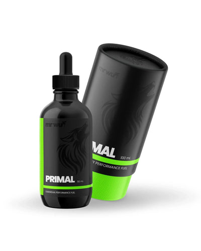 Postbiotic Nitric Oxide Booster – PRIMAL bottle and packaging on a white background.