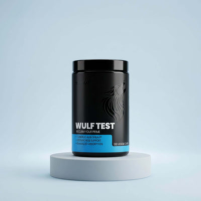 WULF Test Daily Support for Drive Strength & Resilience bottle on a display stand with blue background.