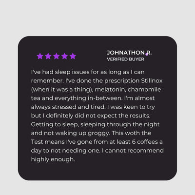 Customer review of The Performance Stack for Men highlighting improved sleep and reduced caffeine dependency.