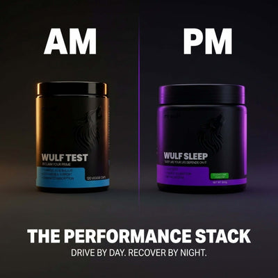 WULF Test and WULF Sleep products in the Performance Stack for men, promoting daytime drive and nighttime recovery.