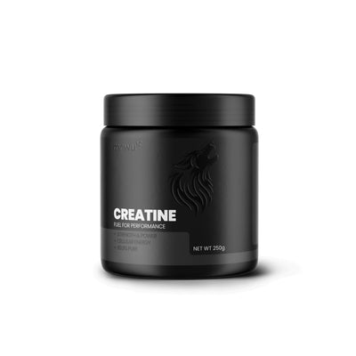WULF Creatine Micronised Creatine Monohydrate supplement jar, 250g, for enhanced muscle strength and performance.