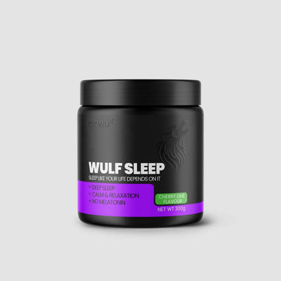 WULF Sleep natural sleep supplement jar featuring cherry lime flavor for deep sleep and relaxation.