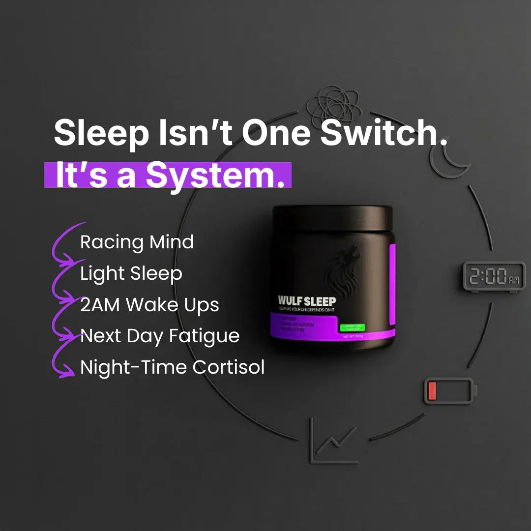 WULF Sleep natural sleep supplement jar on a dark background with text highlighting sleep challenges and solutions.