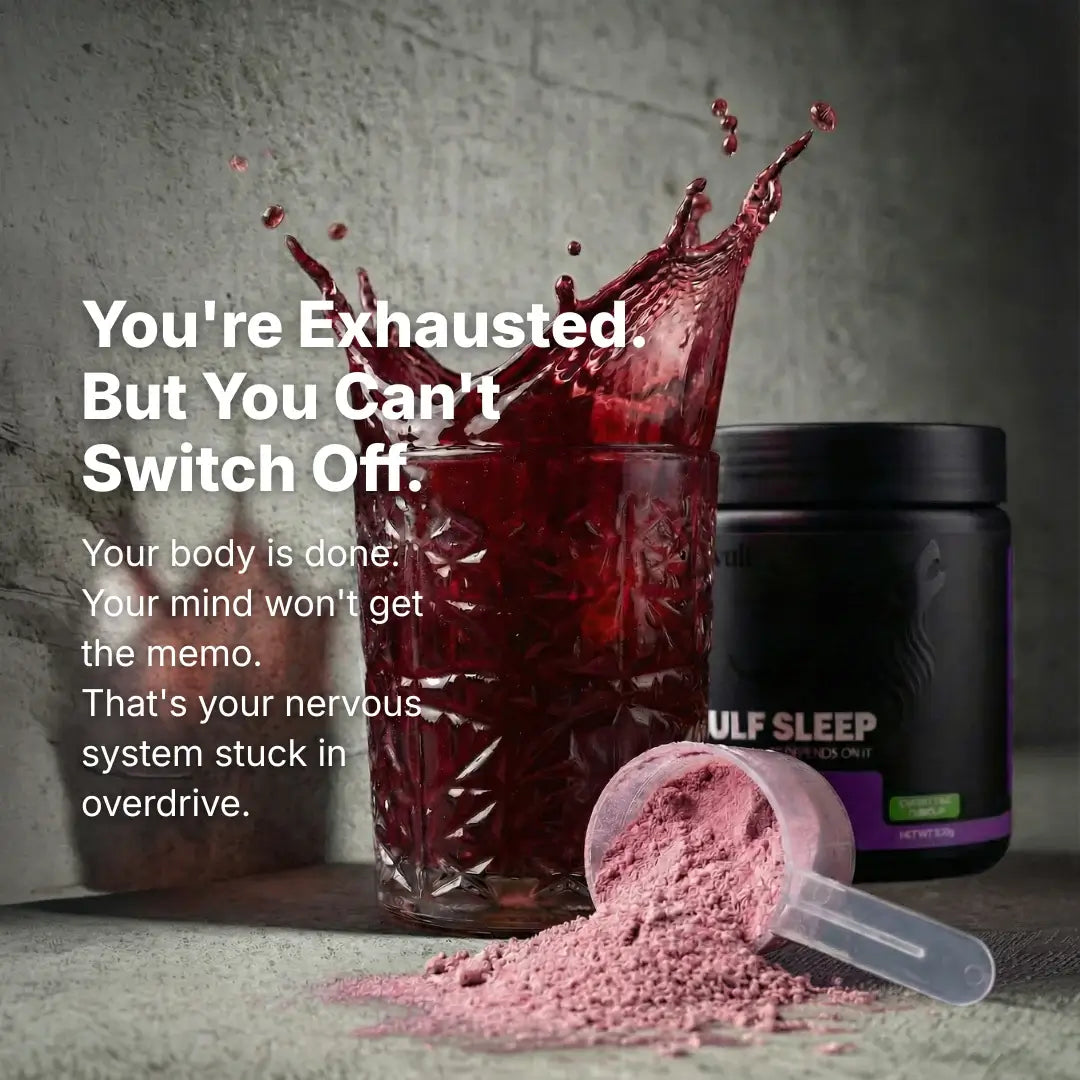 WULF Sleep natural sleep supplement in a glass with pink powder, promoting relaxation and better sleep.
