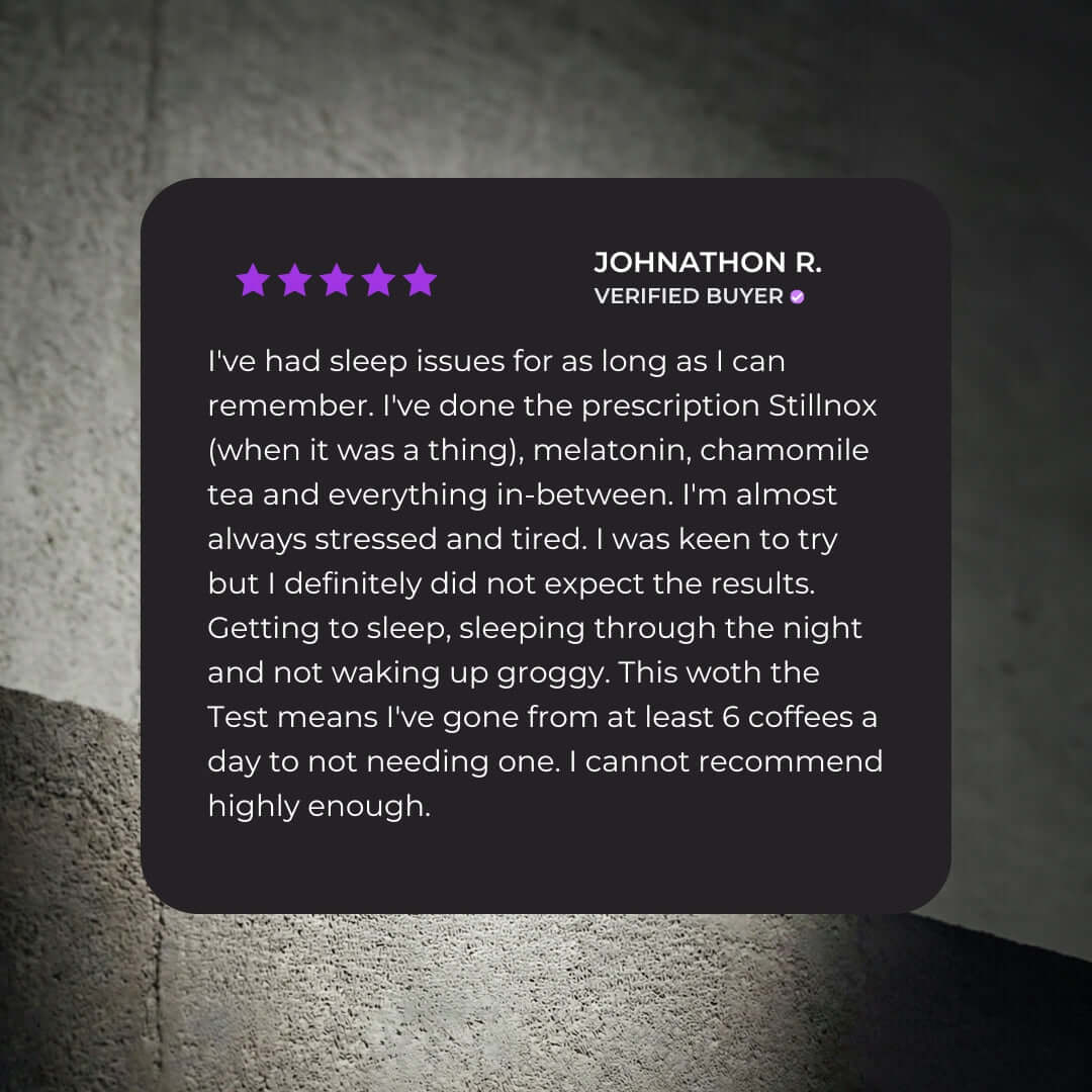 Customer review of WULF Sleep natural sleep supplement highlighting its effectiveness for better sleep.