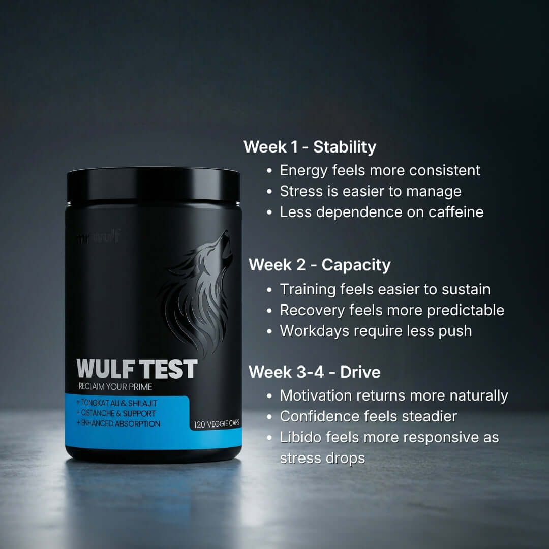 WULF Test Daily Support for Drive Strength & Resilience showing benefits over weeks including stability, capacity, and drive.