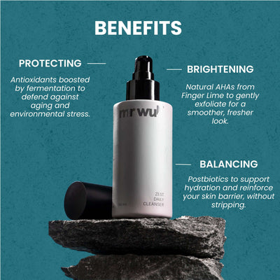 Zest Daily Face Cleanser for Men by Mr WULF showcasing benefits of protecting, brightening, and balancing skin.