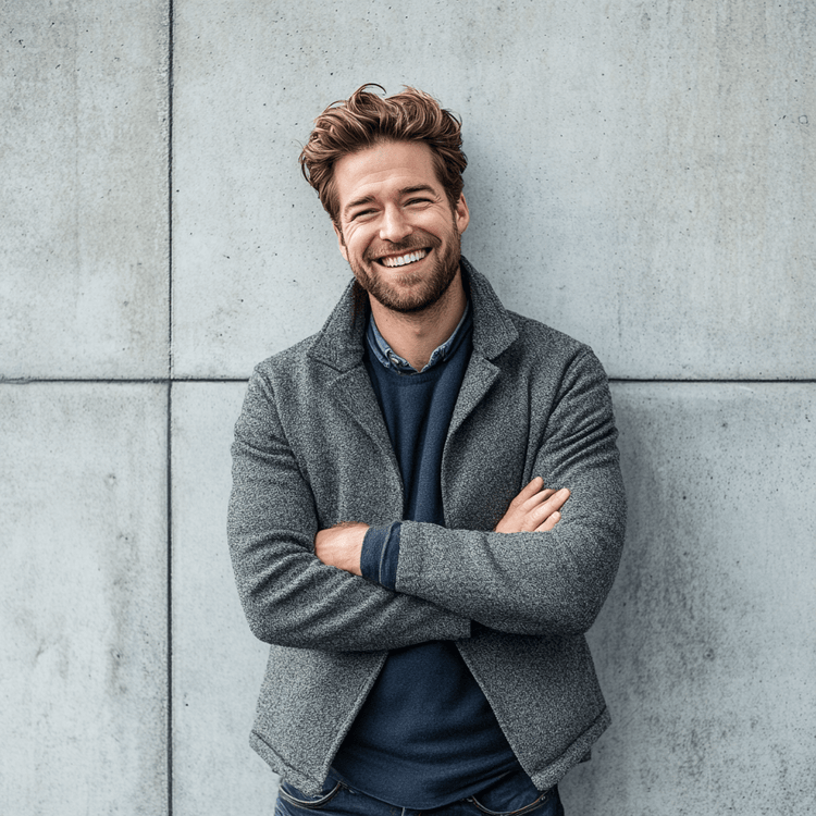 blonde man standing against concrete wall