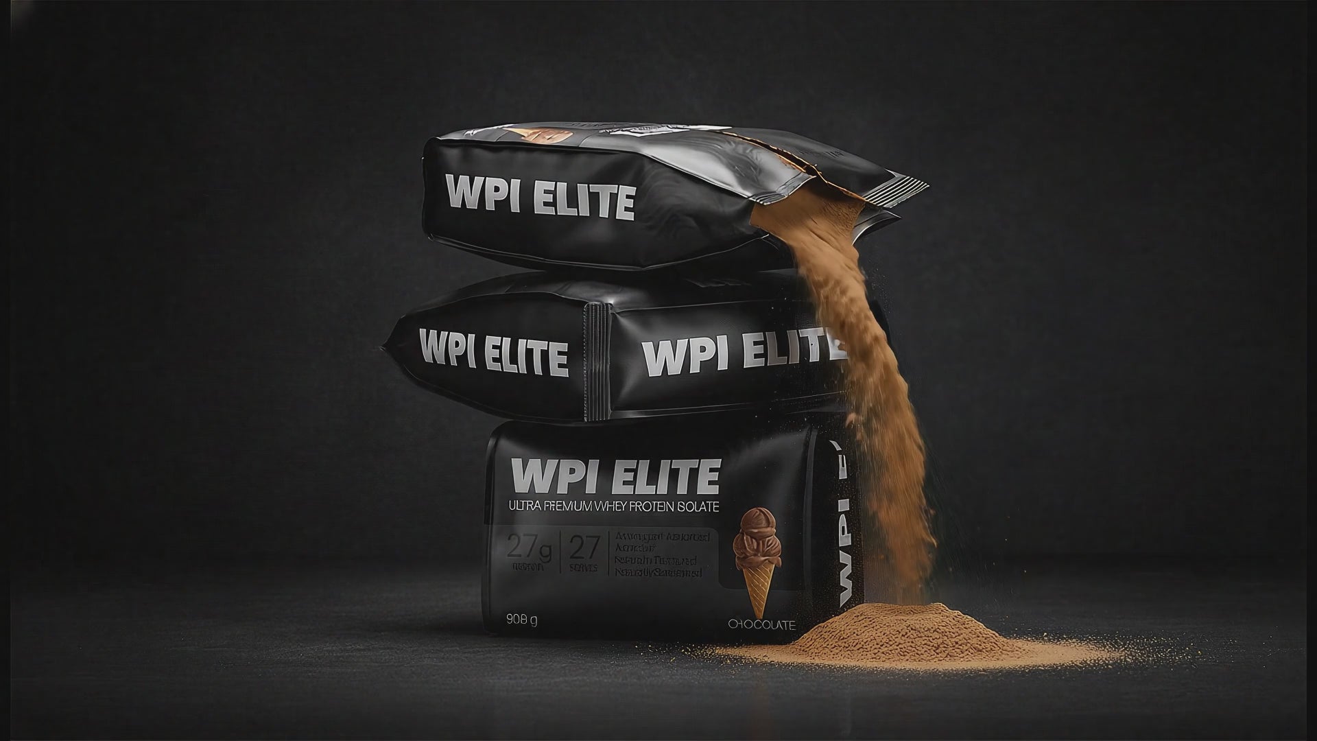 Load video: a pile of WPI Elite protein bags, the top bag is split open and protein powder is pouring out.